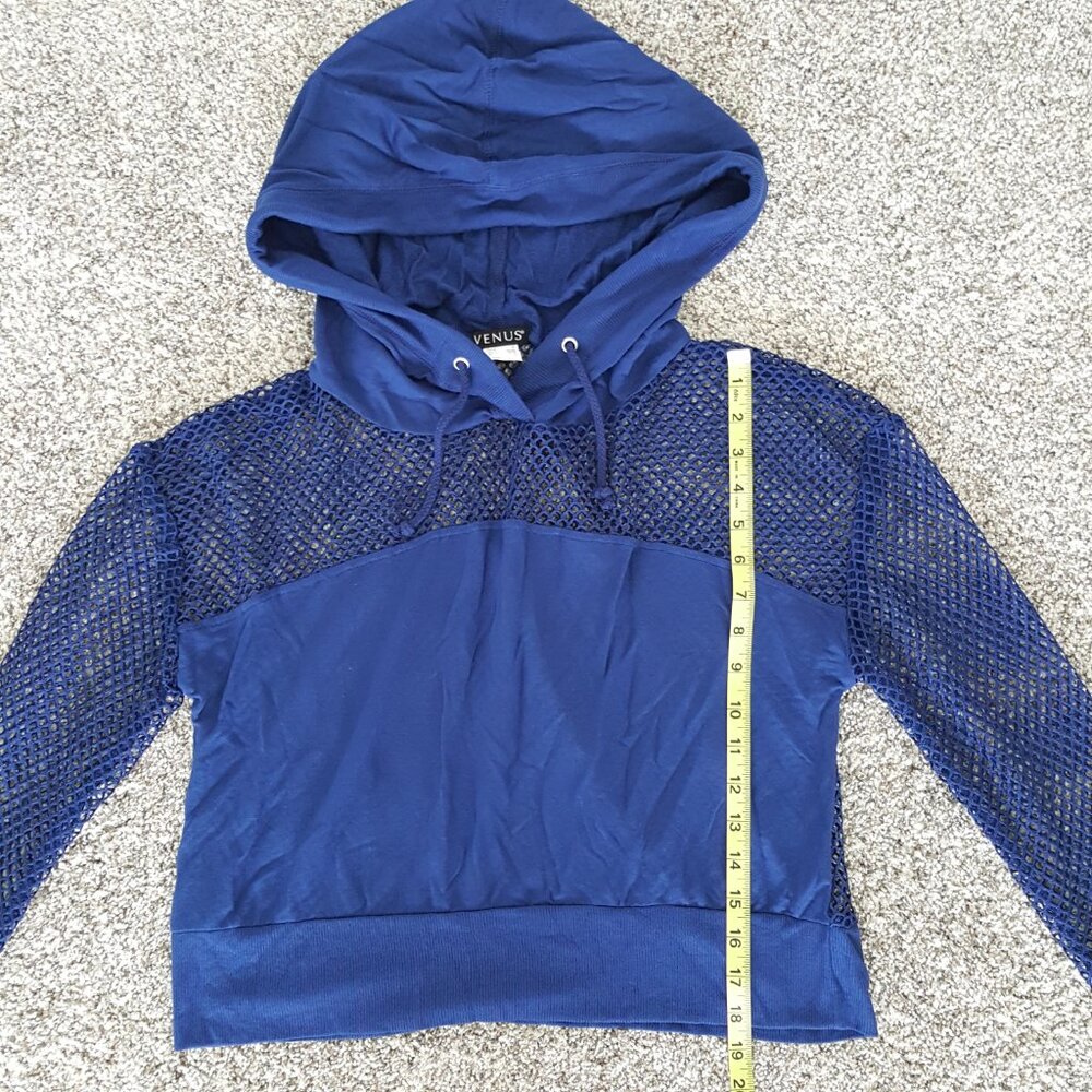 NEW Venus Cropped Mesh Hoodie Top Cover-Up Blue Hooded Long Sleeve Sweatshirt - Picture 6 of 13
